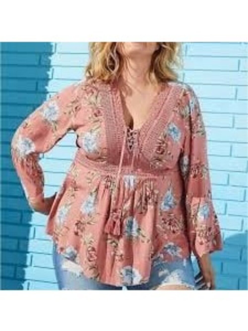 NEW Torrid Dusty Coral Floral Gauze & Crochet Babydoll Top Blouse 3X 22-24